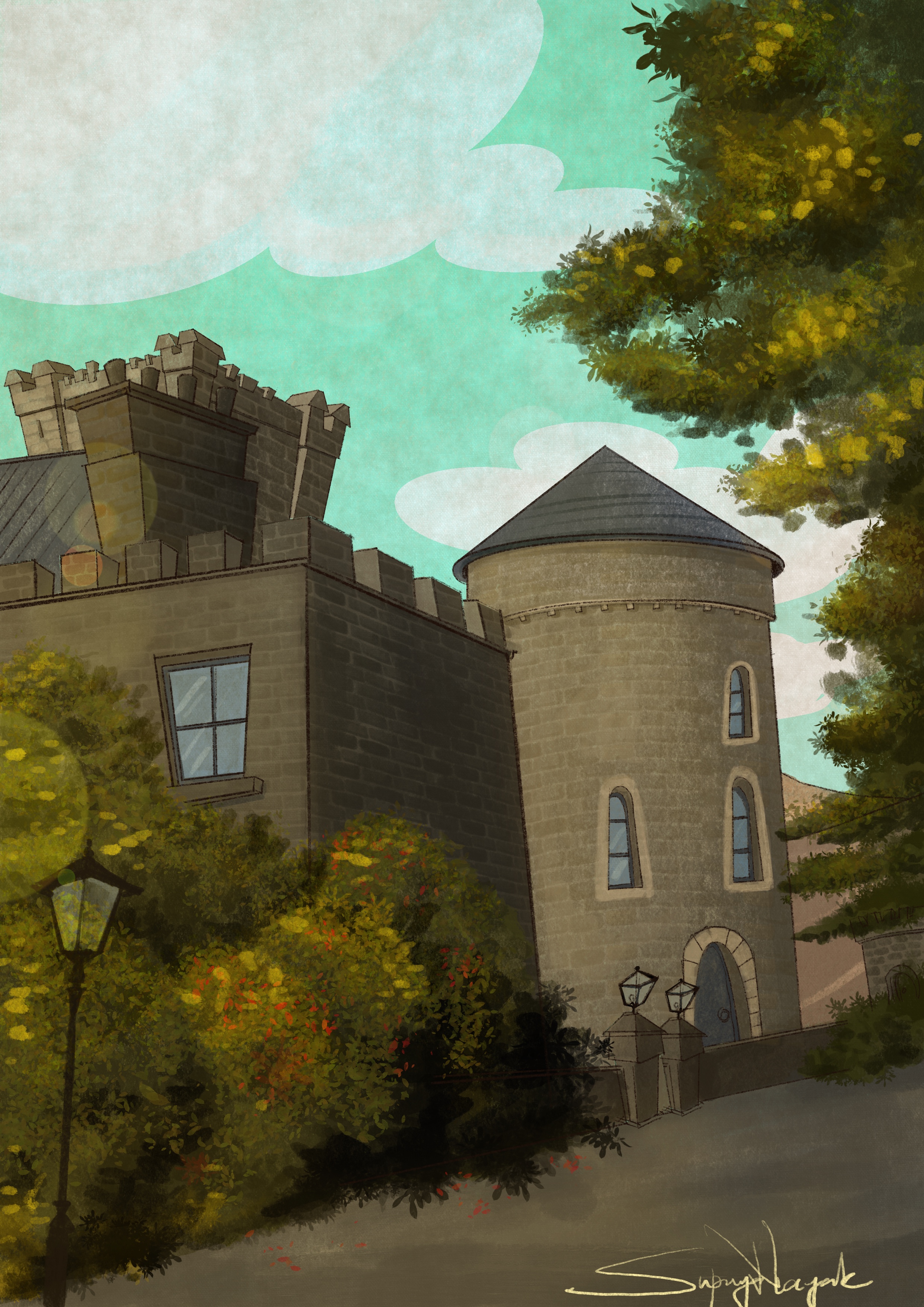 An illustration of glenveagh castle at Donegal, Ireland in day time 